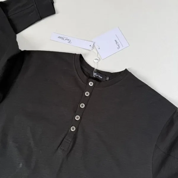 Design Henley Shirt with Embroidered Lines Black Tops Shirt - 22