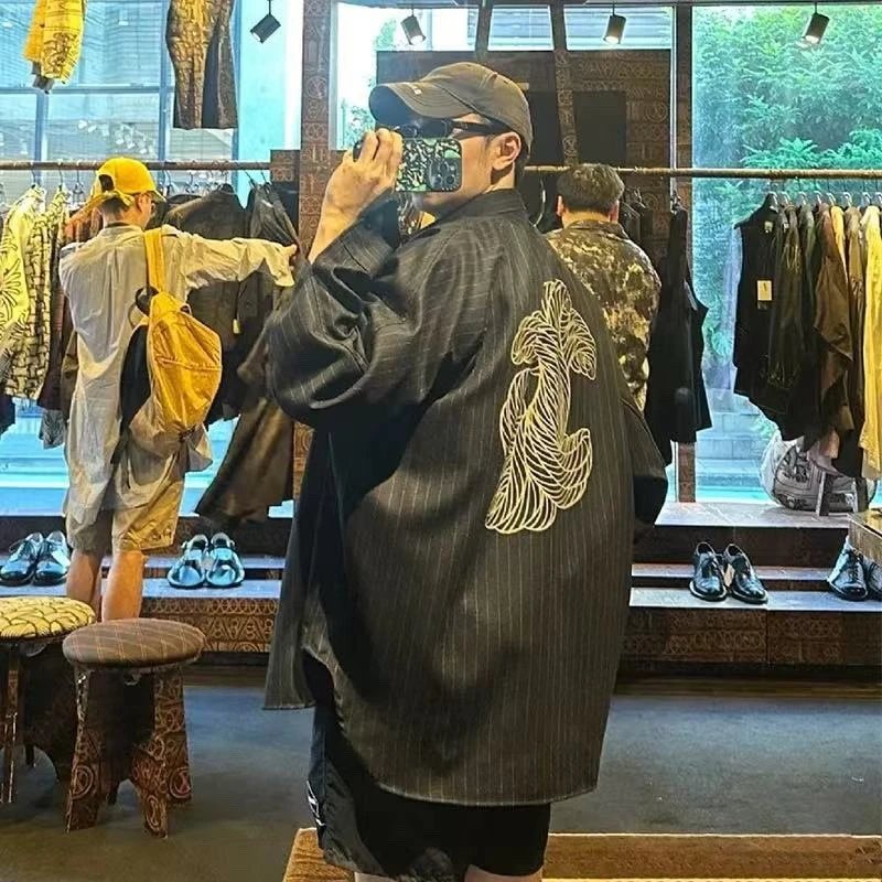 Cone Pinstripe Gray Oversized Button-Up Shirt