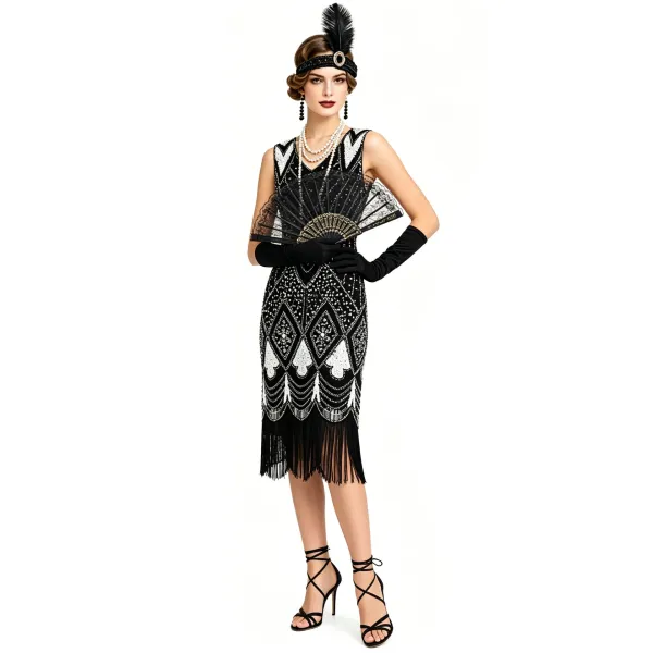 Design Flapper Dress Black Beaded Fringe Dress - 9