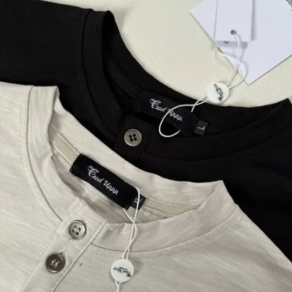 Design Henley Shirt with Embroidered Lines Black Tops Shirt - 33