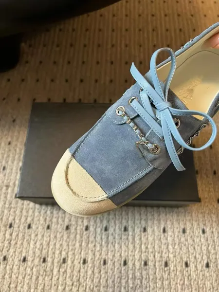 Chanel Boat Shoes Light Blue Suede Two-Tone with Chain Detail - 28