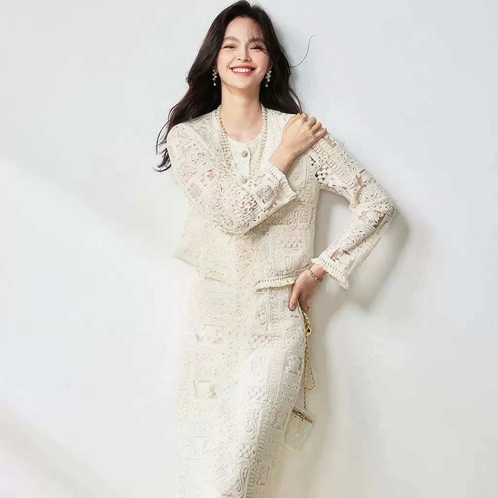 Cream Lace Cropped Jacket And Midi Skirt Set Elegant Two Piece Outfit