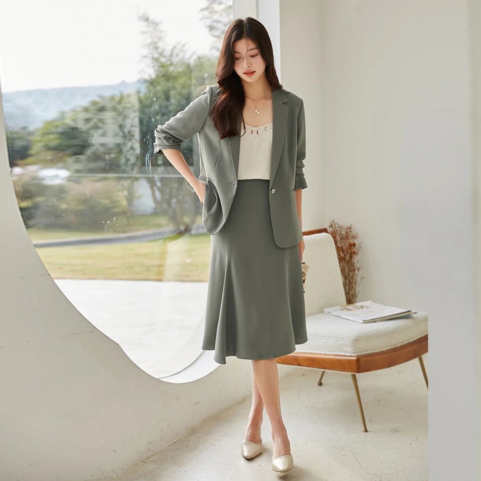 Olive Green Tailored Blazer And Skirt Set Professional Two Piece Suit