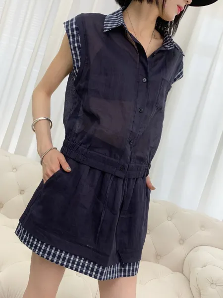 Design Sleeveless Shirt and Shorts Set Navy with Plaid Trim - 4