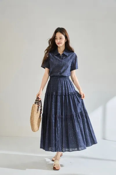 Design Tiered Eyelet Embroidery Shirt Dress Navy - 3
