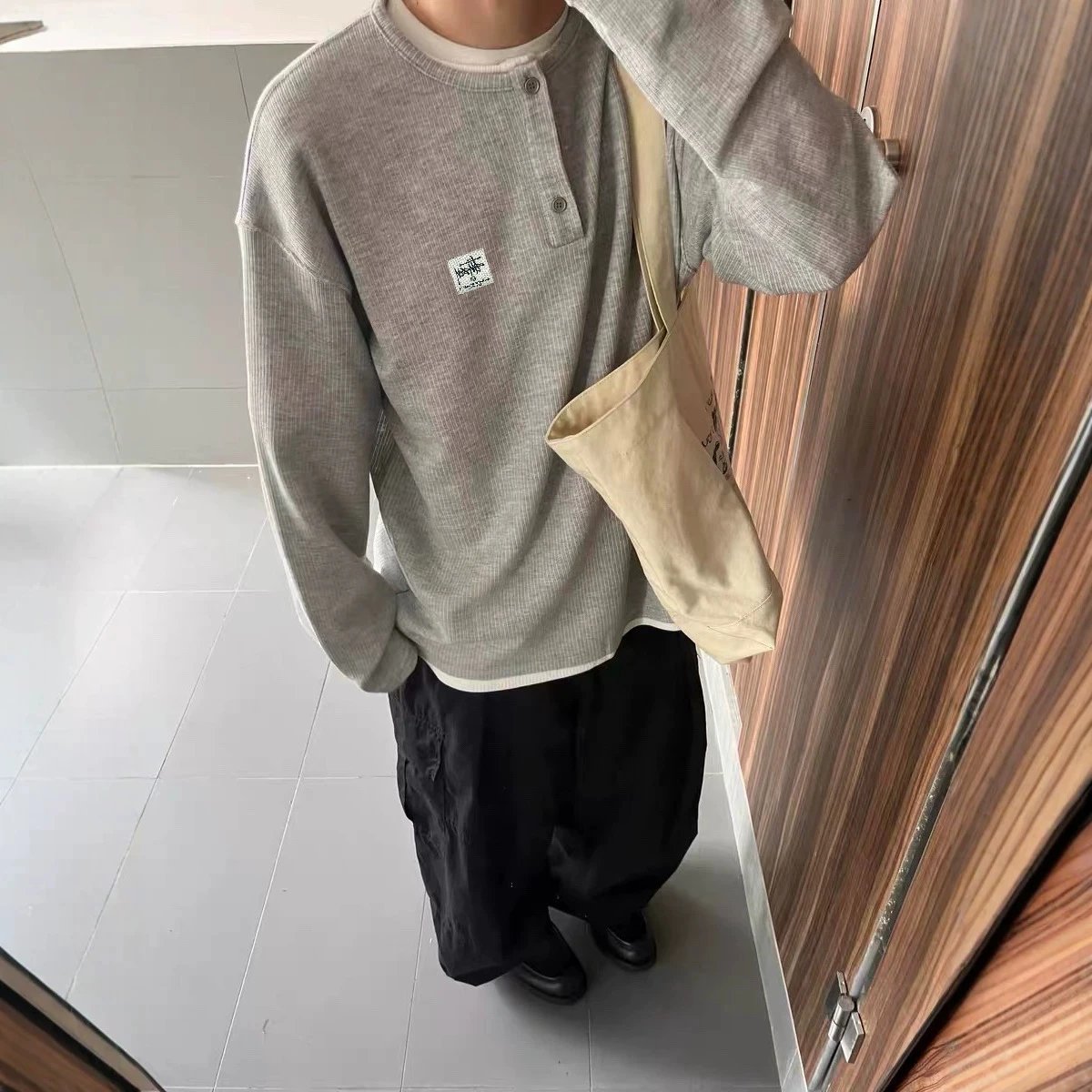 Stussy Ribbed Henley Long Sleeve Shirt Gray Brown Black Casual