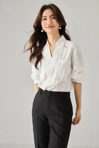 Design White Wrap Shirt Black Tailored Trousers with Pointed-Toe Slingbacks Clothing - 3