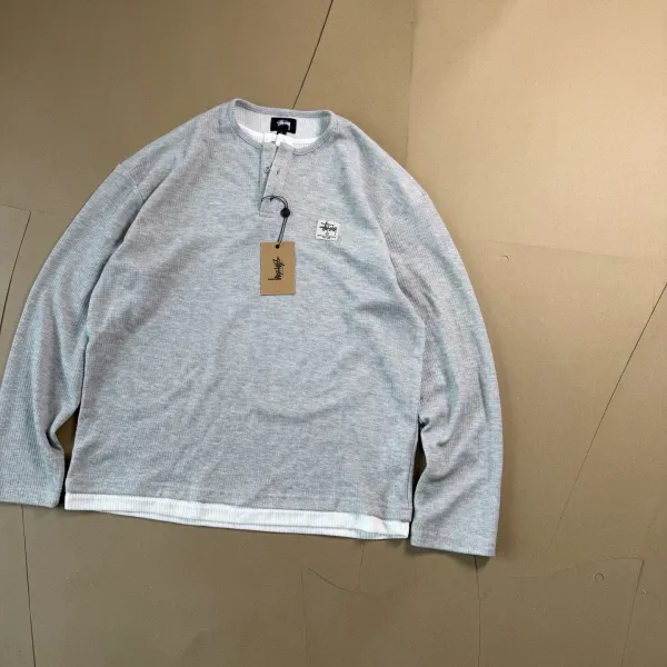 Stussy Henley Long Sleeve Thermal Gray Top - 1