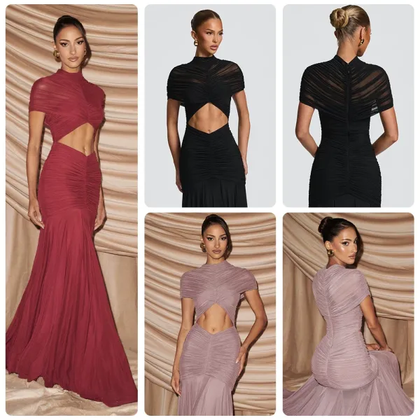 Design Ruched Sheer Cut-Out Gown Black Formal Dress - 3
