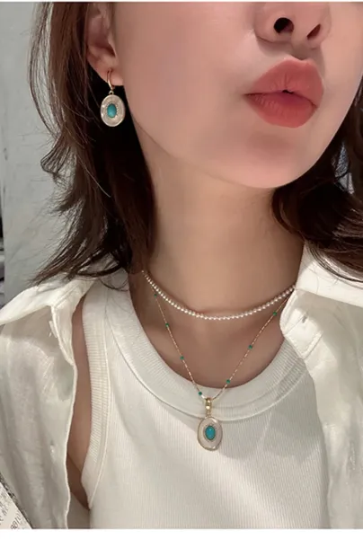 Design Pearl Necklace with Turquoise and Mother-of-Pearl Pendant Gold-Tone Jewelry - 14