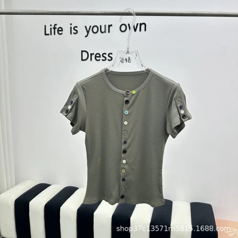 Button-Front Ribbed Knit Top Gray Olive Casual Short Sleeve T-Shirt