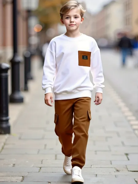Design Oversized Pocket Sweatshirt and Cargo Pants Set in White and Army Green Casual Set - 3