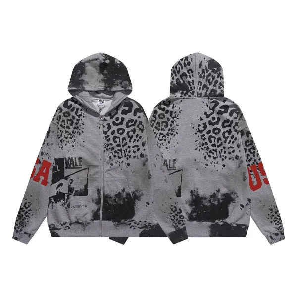 Design VALE Hoodie Gray Leopard Print Zip-Up Hoodie - 1