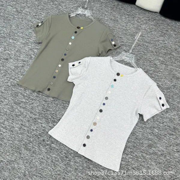 Design Button-Front Ribbed Knit Top Olive Green - 4