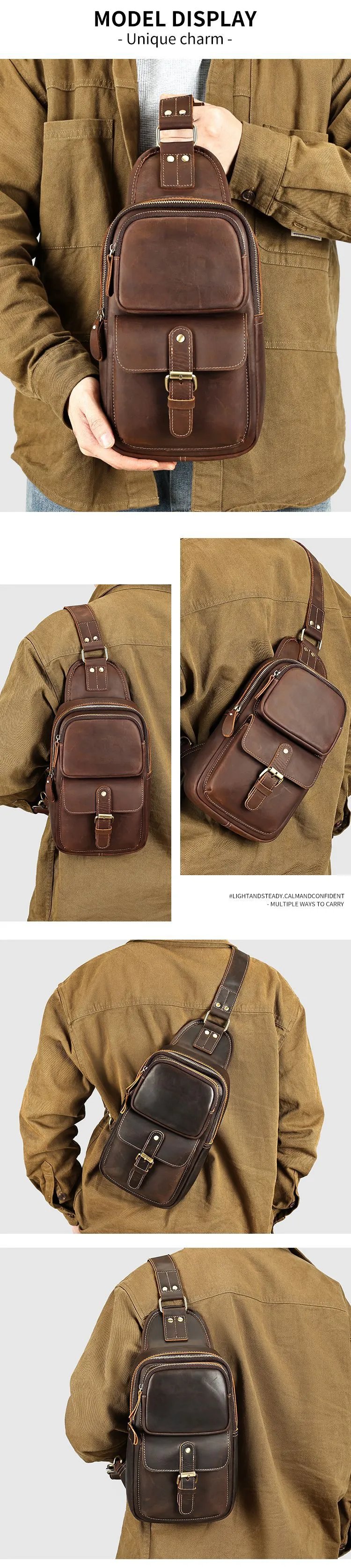 Design Vintage Leather Chest Bag Brown Crossbody Bags - 9