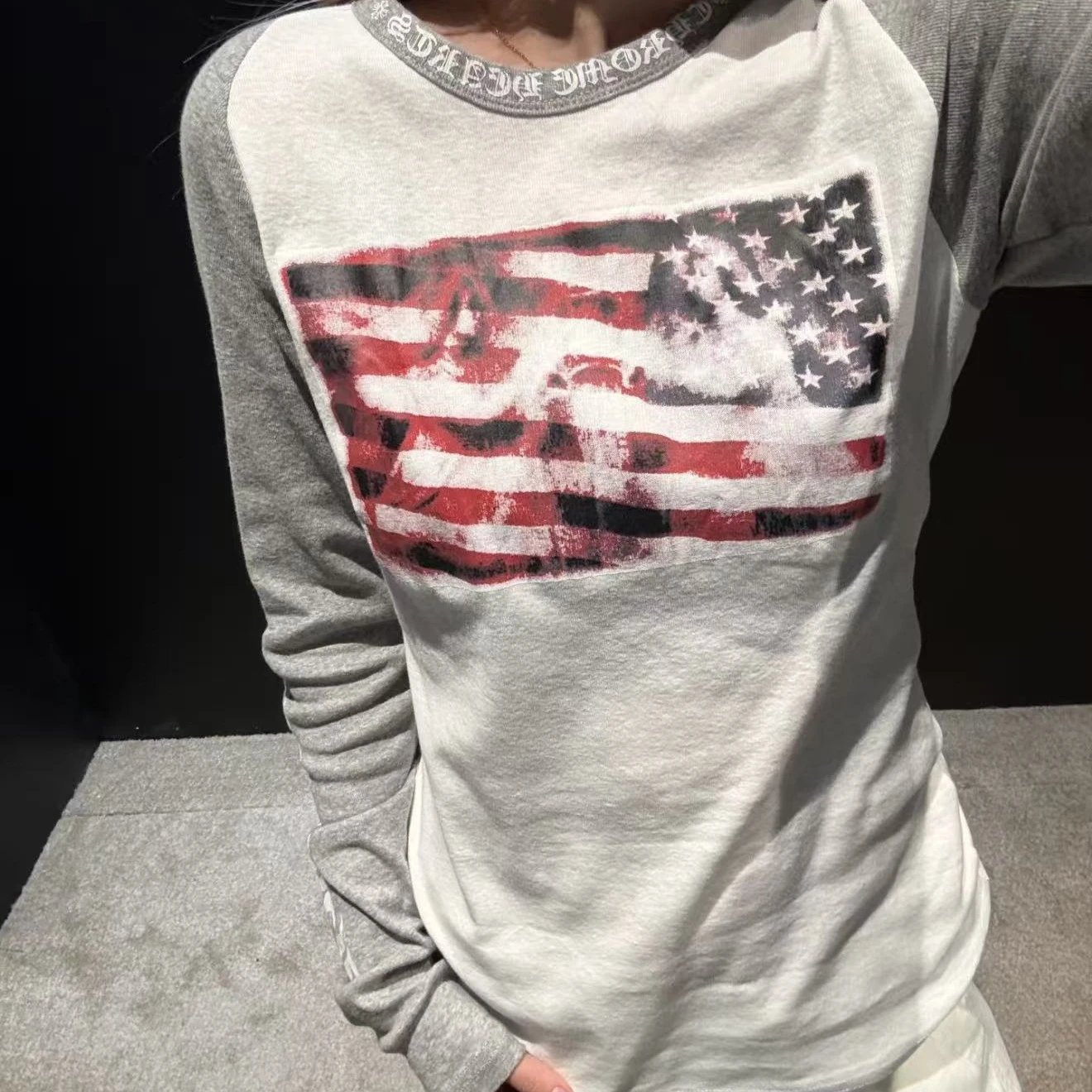 Chrome Hearts American Flag White Gray Raglan Long Sleeve T-Shirt