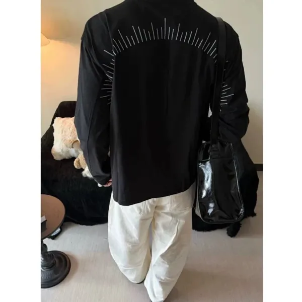 Design Henley Shirt with Embroidered Lines Black Tops Shirt - 12
