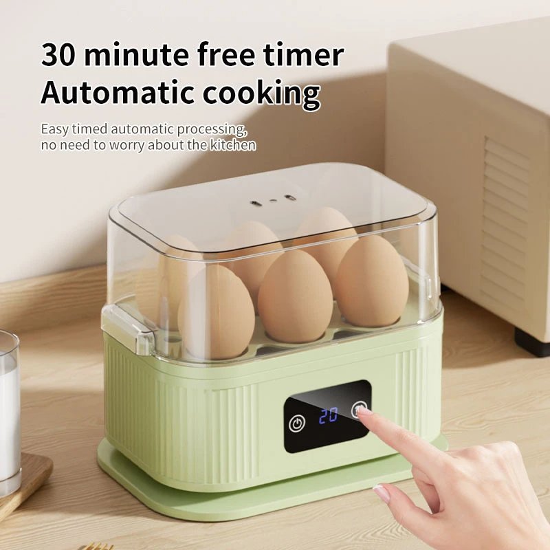 compact digital egg steamer with ribbed beige and mint green plastic body transparent lid — SB001414 listing image