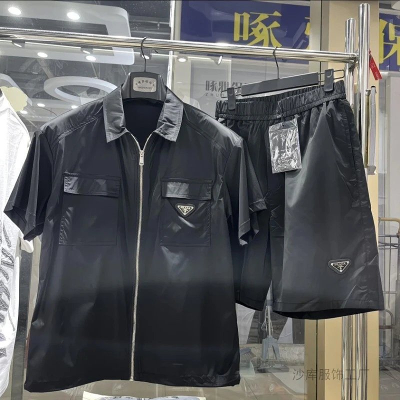 Prada Short Sleeve Zip-Up Jacket Black Sporty Set