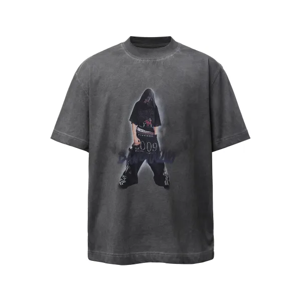Design Graphic Print Washed Gray T-Shirt - 7