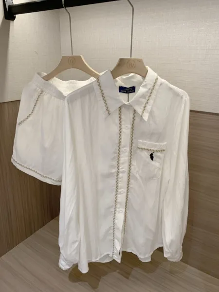 Design Pearl-Trimmed Oversized Shirt and Shorts Set White - 10