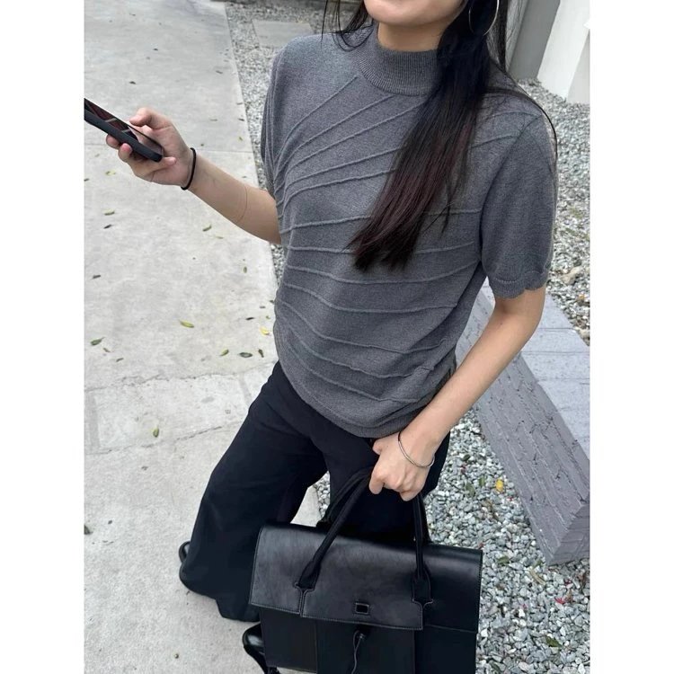 Gray Knit Short Sleeve Turtleneck Sweater Top