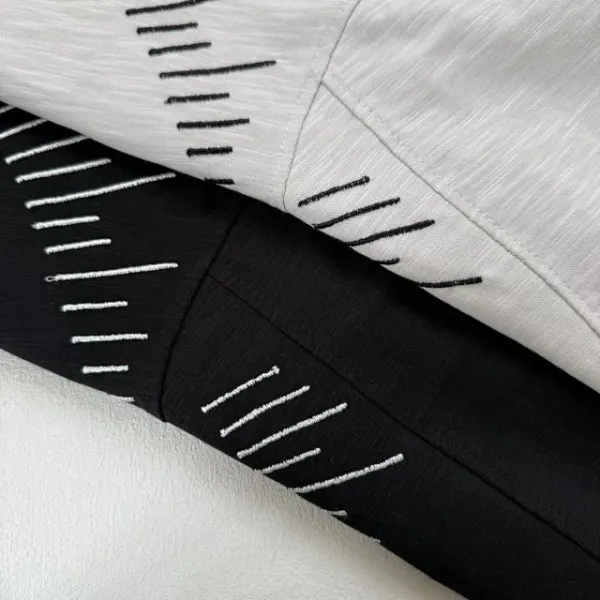 Design Henley Shirt with Embroidered Lines Black Tops Shirt - 29