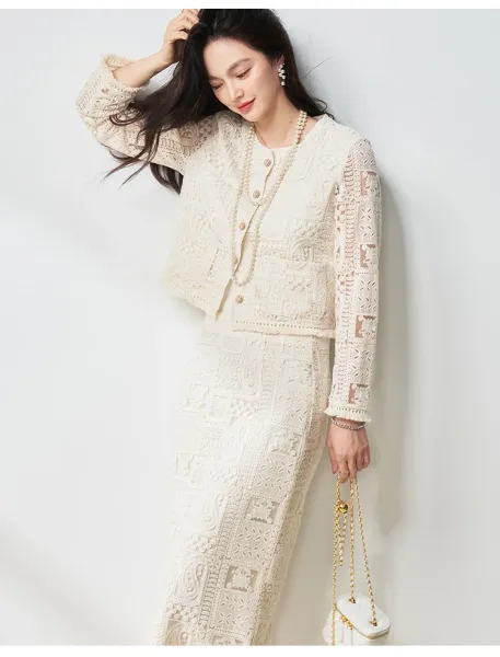 Design Lace Cropped Cardigan Beige Outerwear - 13