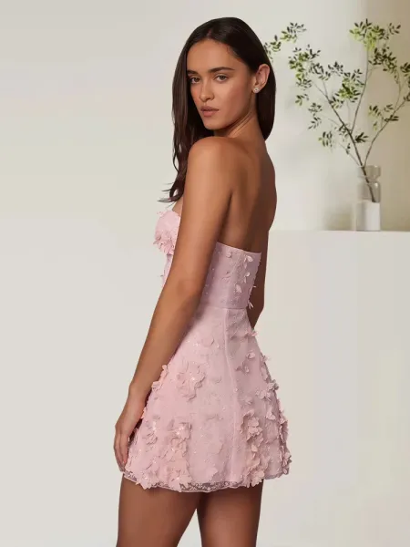 Design Floral Embellished Strapless Mini Dress Pink - 7