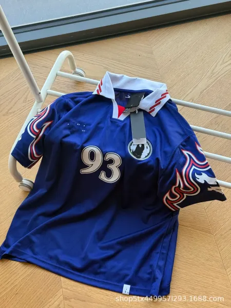 Design Retro Football Jersey Blue with Flame Sleeves and '93' Number - 3