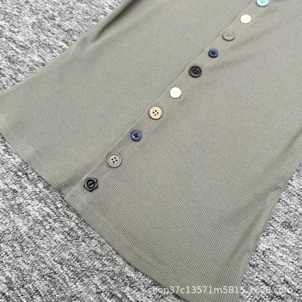 Design Button-Front Ribbed Knit Top Olive Green - 11