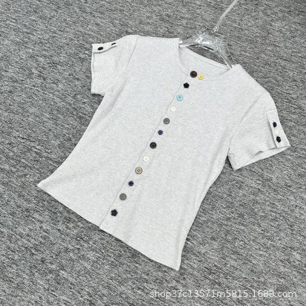Design Button-Front Ribbed Knit Top Olive Green - 13