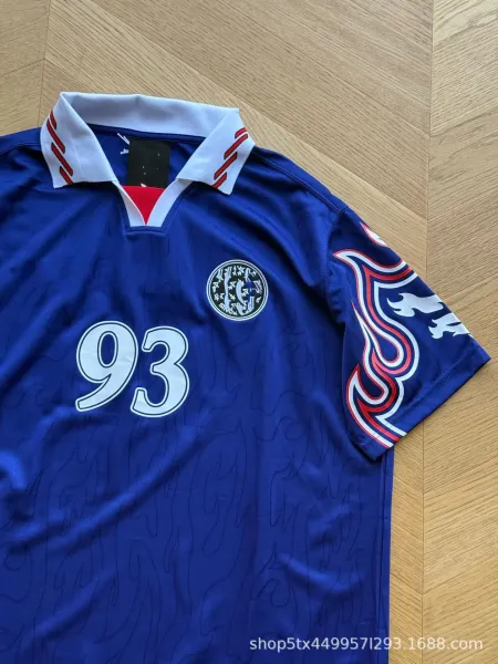 Design Retro Football Jersey Blue with Flame Sleeves and '93' Number - 5