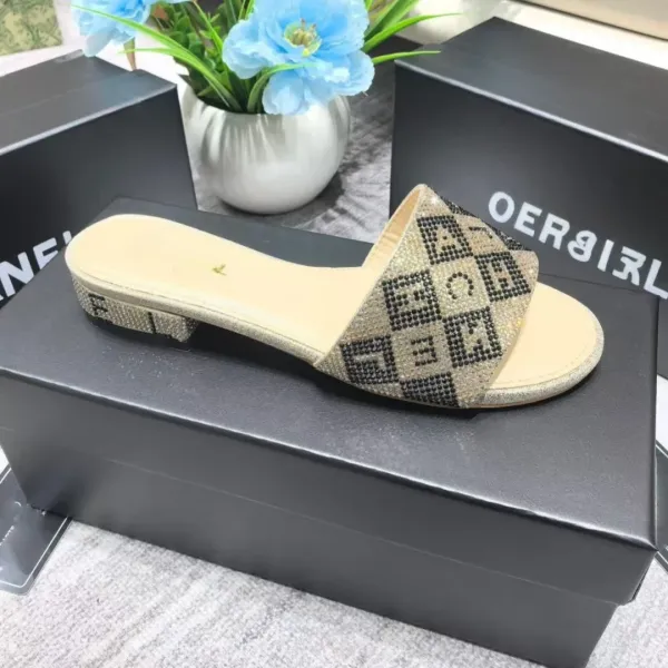 Fendi FF Logo Crystal-Embellished Slide Sandals Beige / Black Slippers - 1