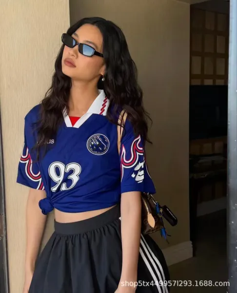 Design Retro Football Jersey Blue with Flame Sleeves and '93' Number - 16