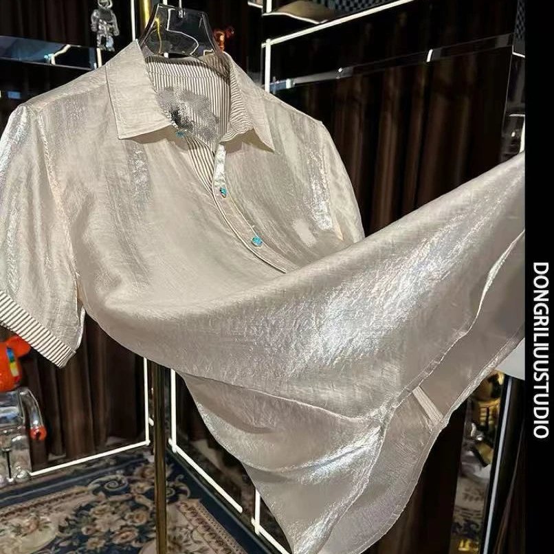 Silk Blend Short Sleeve Shirt Off White Relaxed Fit