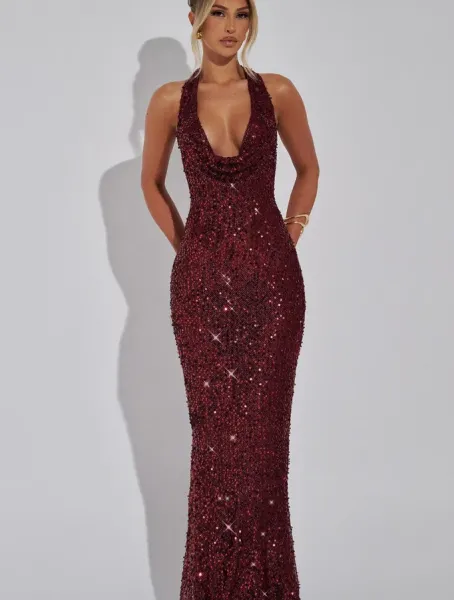 Design Sheer Sequined Halter Gown Black Dress - 26