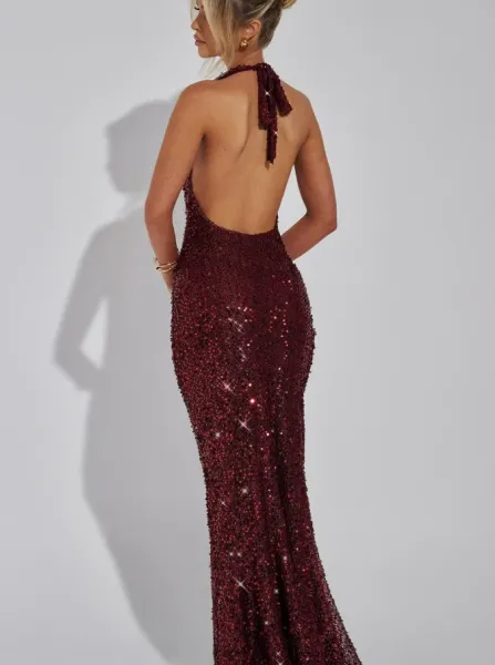 Design Sheer Sequined Halter Gown Black Dress - 28