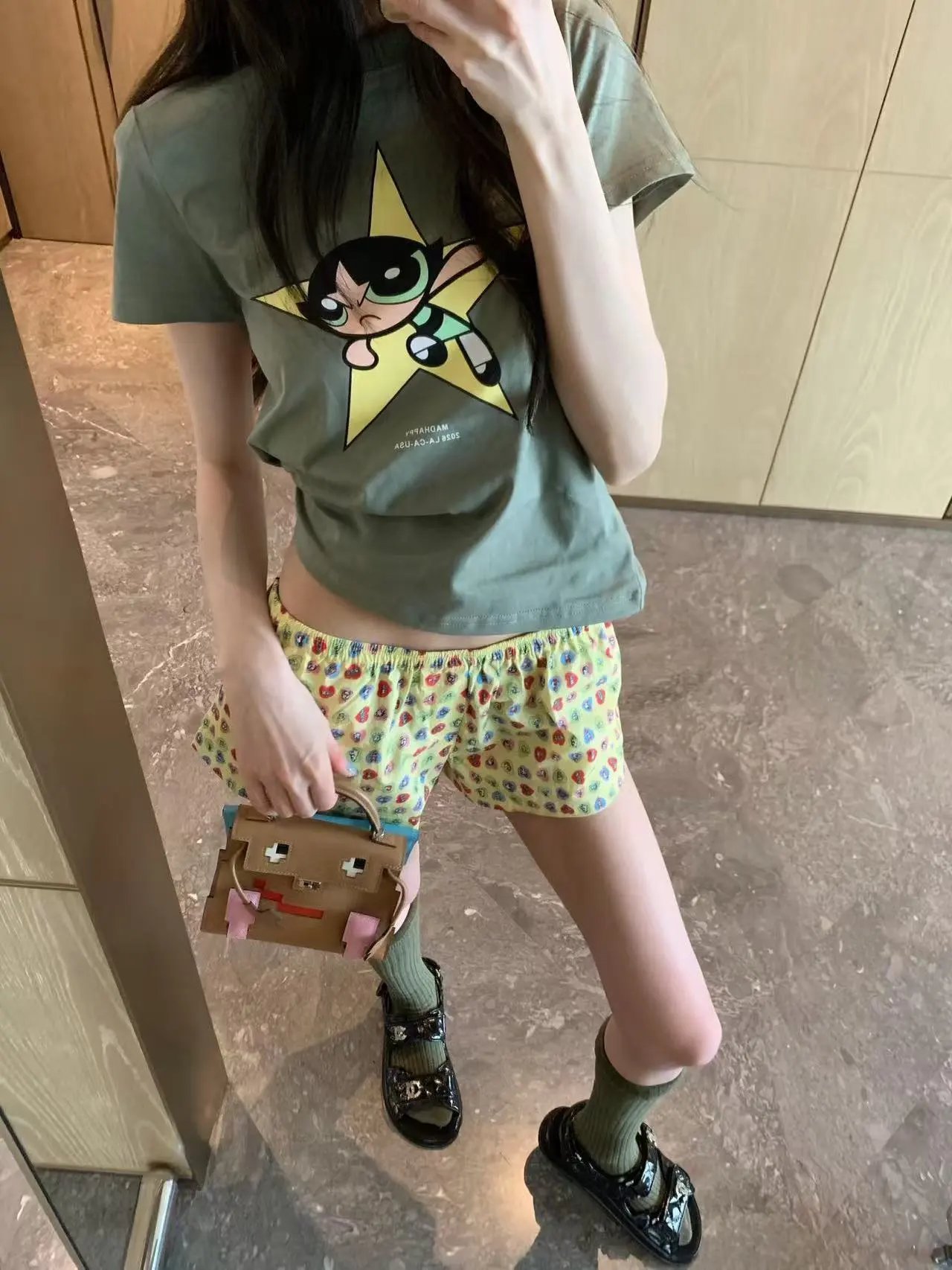 Design Heart Print Wide-Leg Pants Yellow - 22
