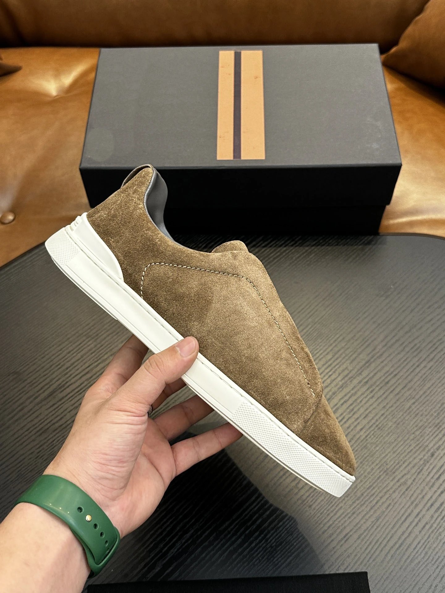 Thom Browne Suede Slip-On Loafers Beige White Casual Shoes - 3