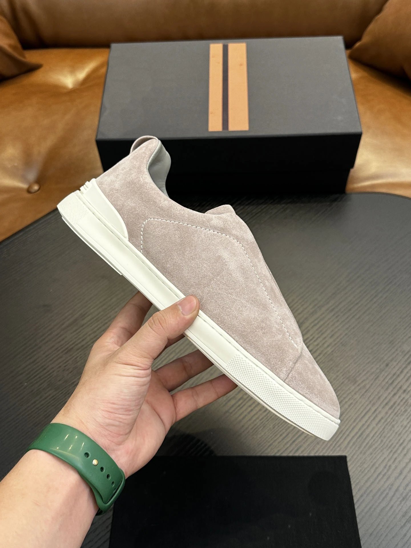 Thom Browne Suede Slip-On Loafers Beige White Casual Shoes - 5