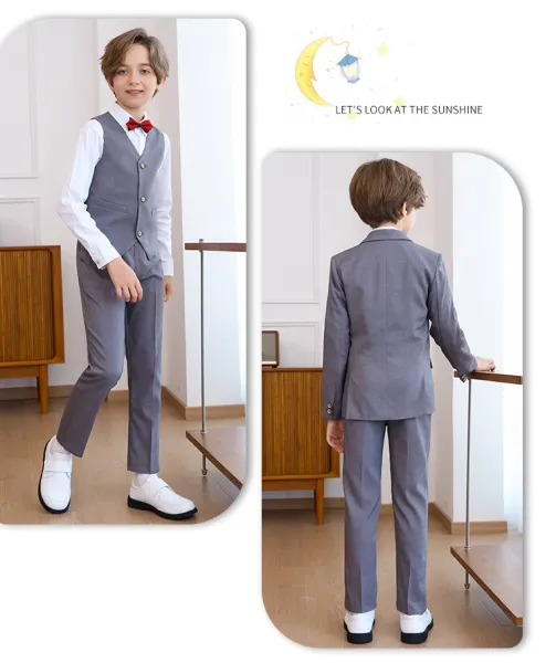 Design Six-Piece Formal Suit Set Gray with White Shirt and Red Bow Tie - 22