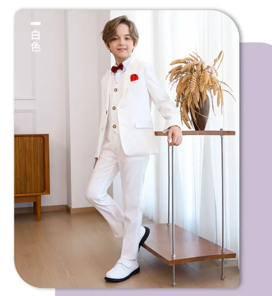 Design Six-Piece Formal Suit Set Gray with White Shirt and Red Bow Tie - 28