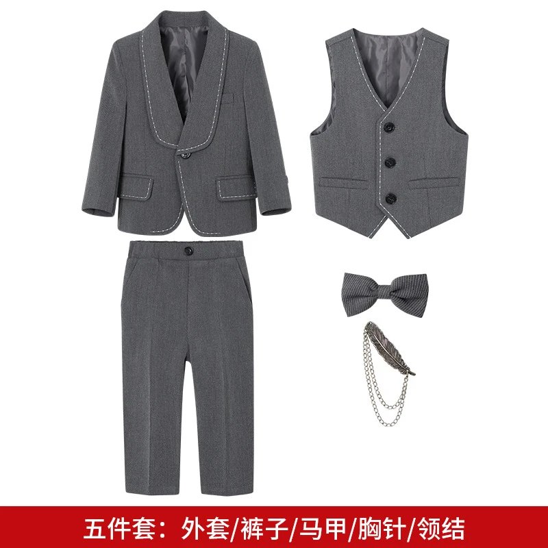 灰色5件套（外套+马甲+长裤+领结+胸针）