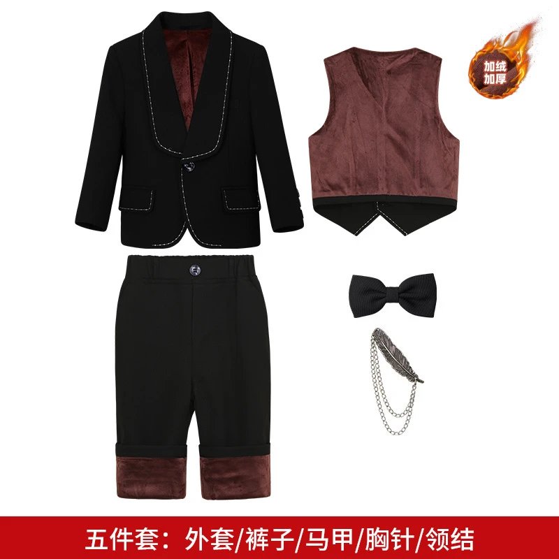 黑色加绒5件套（外套+马甲+长裤+领结+胸针）