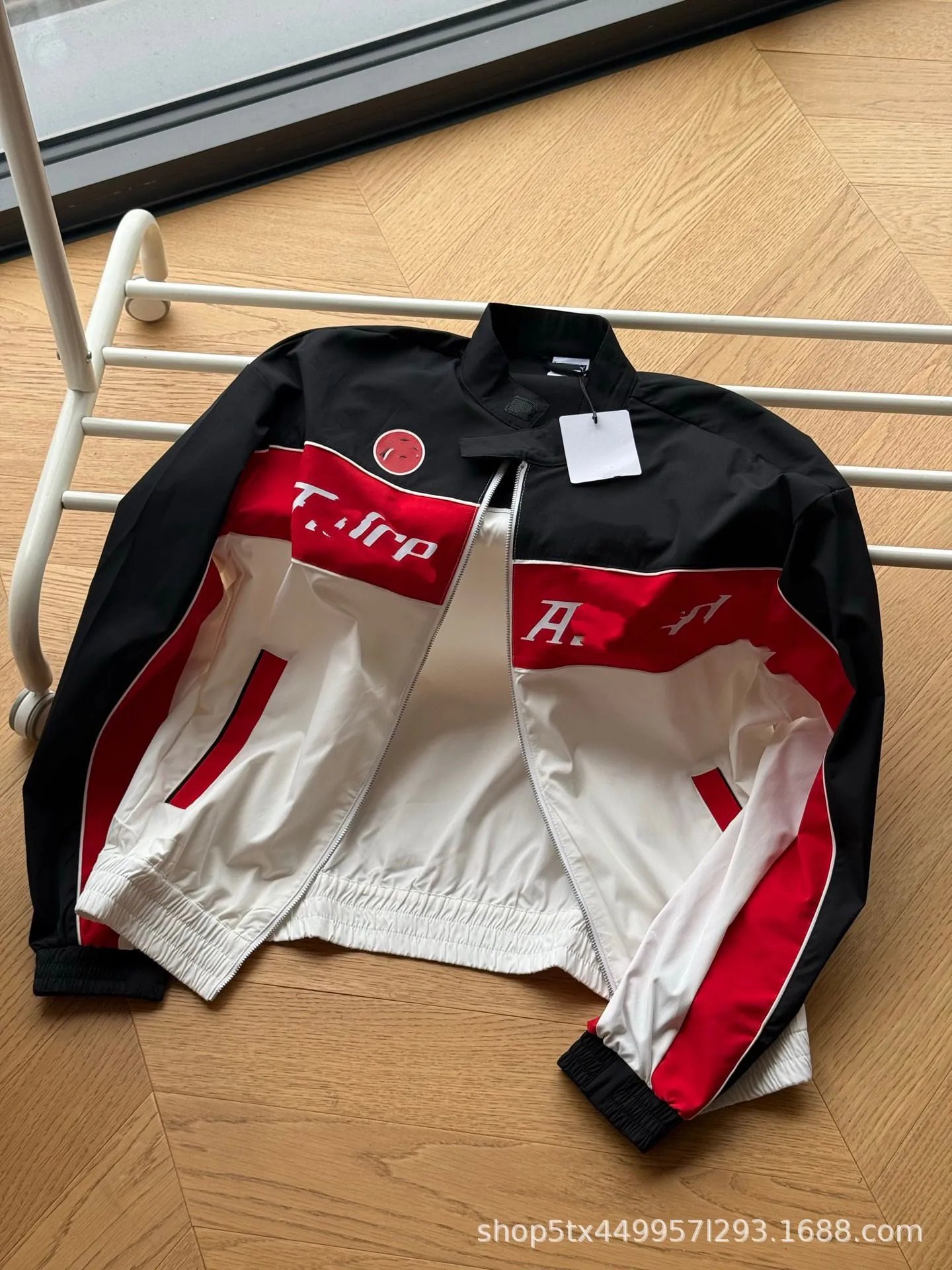 Design Racing Stripe Windbreaker Jacket in Black, Red, and White Outerwear.windbreaker - 3
