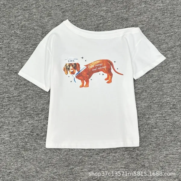 Design Dachshund Illustration Off-Shoulder White T-Shirt - 1