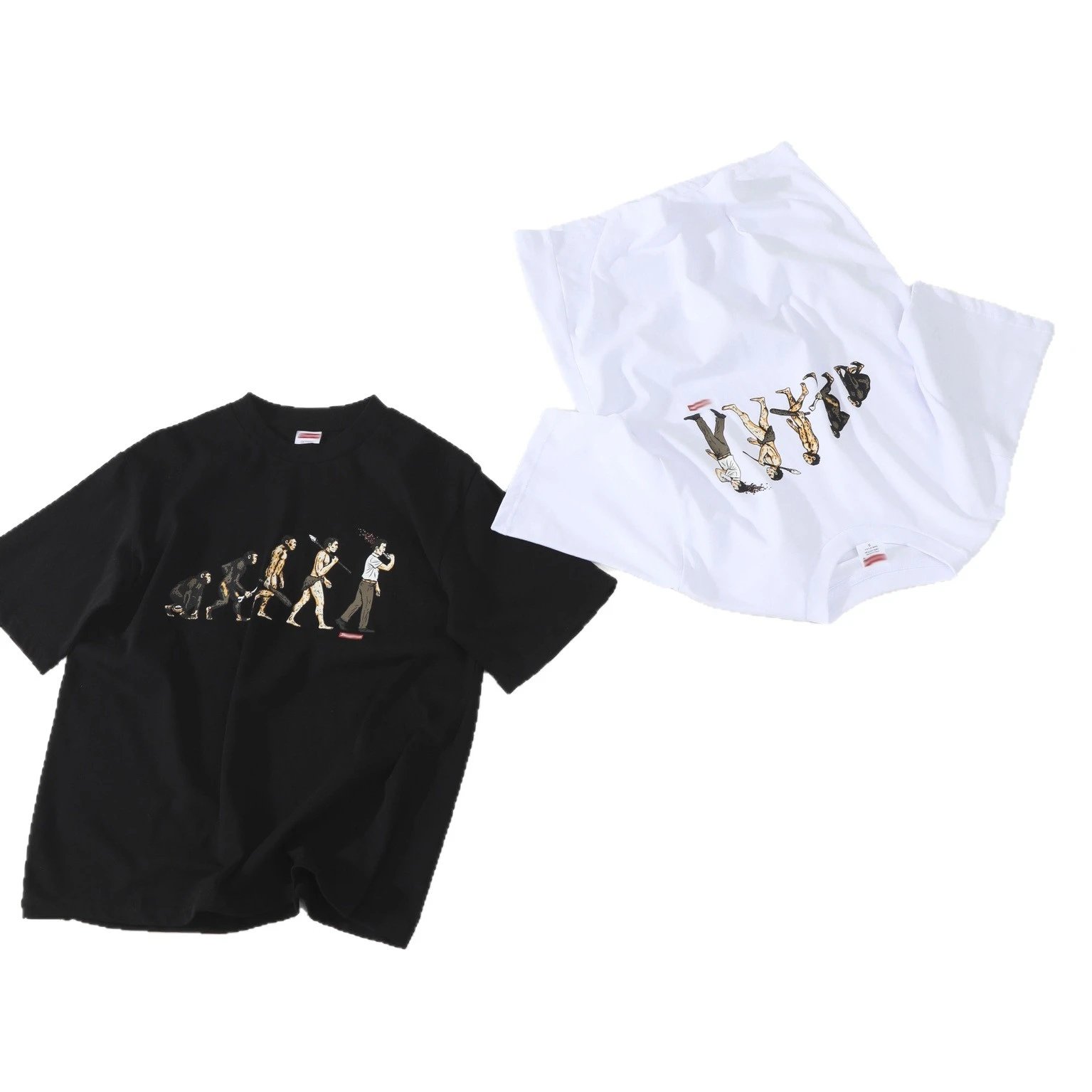 Cotton T-Shirt Black White Evolution Print Graphic Tee