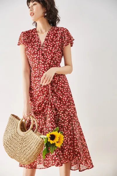 Design Red Floral Wrap Maxi Dress with Ruffle Sleeves Dress - 19