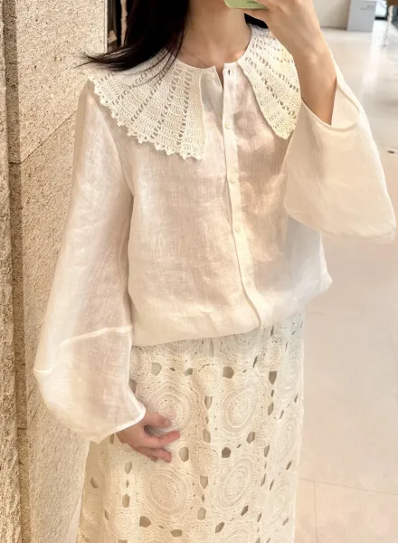 Design Crochet Collar Linen Shirt White Tops Shirt - 4